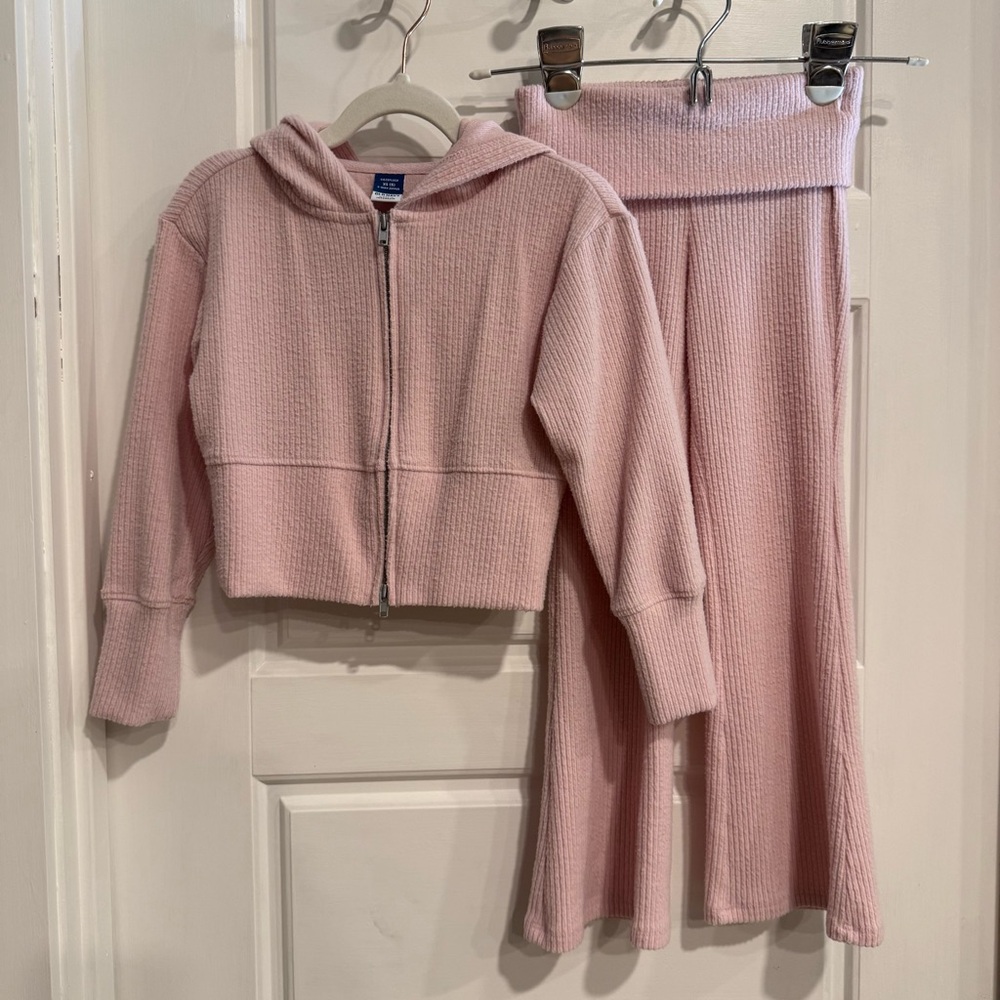 Old Navy CozyPlush Set XS 5 Pink Ribbed Hoodie Flare Pants Girls
